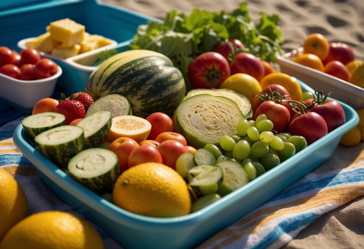 Fresh fruits and vegetables arranged on a beach towel next to a cooler filled with pre-made sandwiches and salads. A snorkeling mask and fins sit nearby