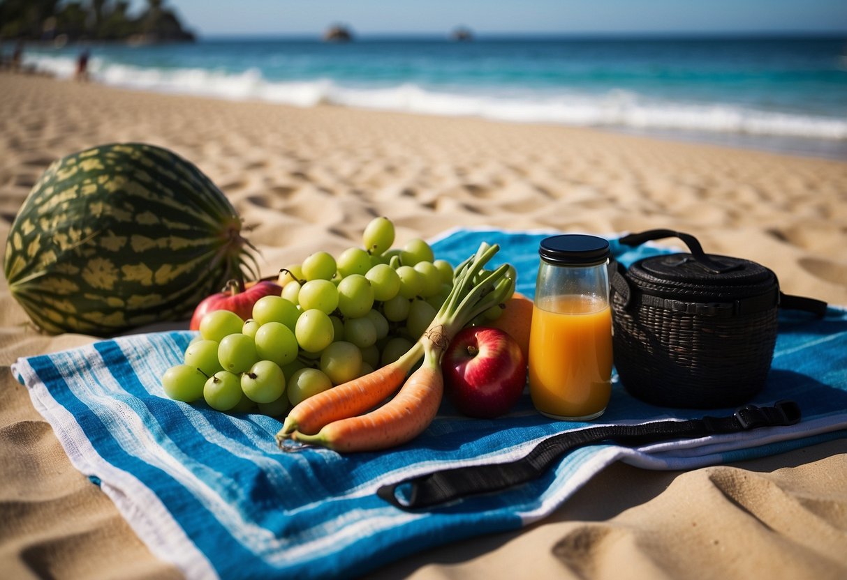 Fresh vegetables, fruits, lean proteins, and whole grains laid out on a beach towel with snorkeling gear nearby. Blue ocean and palm trees in the background