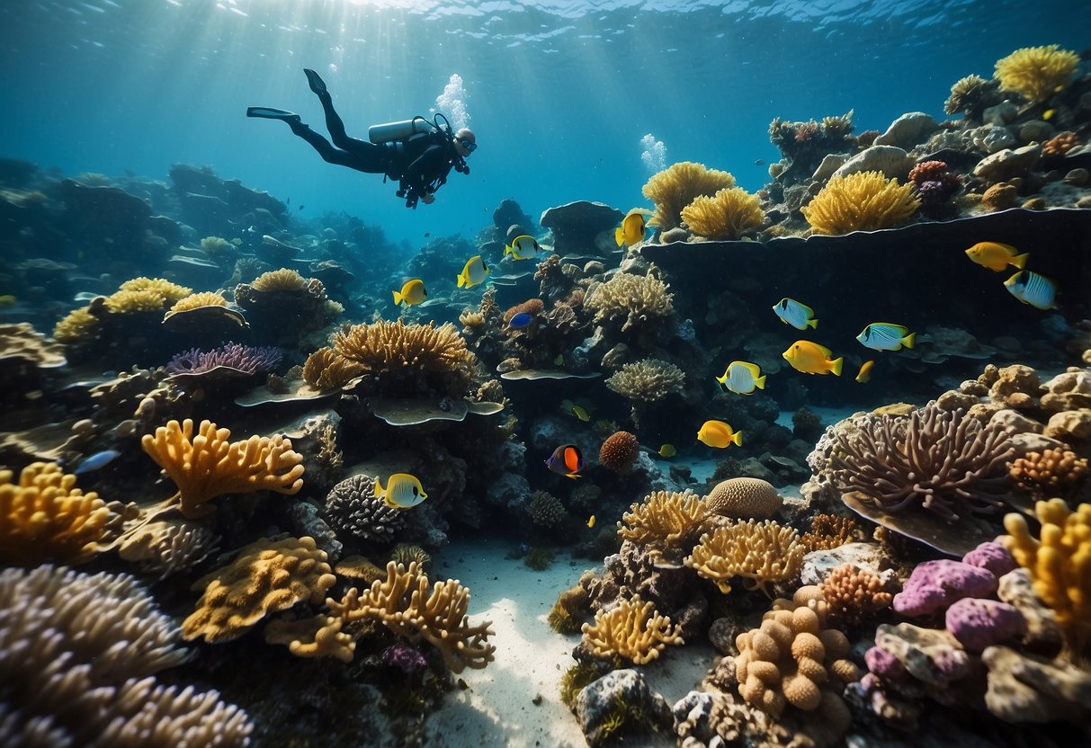 A colorful coral reef with diverse marine life, clear blue water, a scuba diver following safety guidelines, and vibrant underwater plants