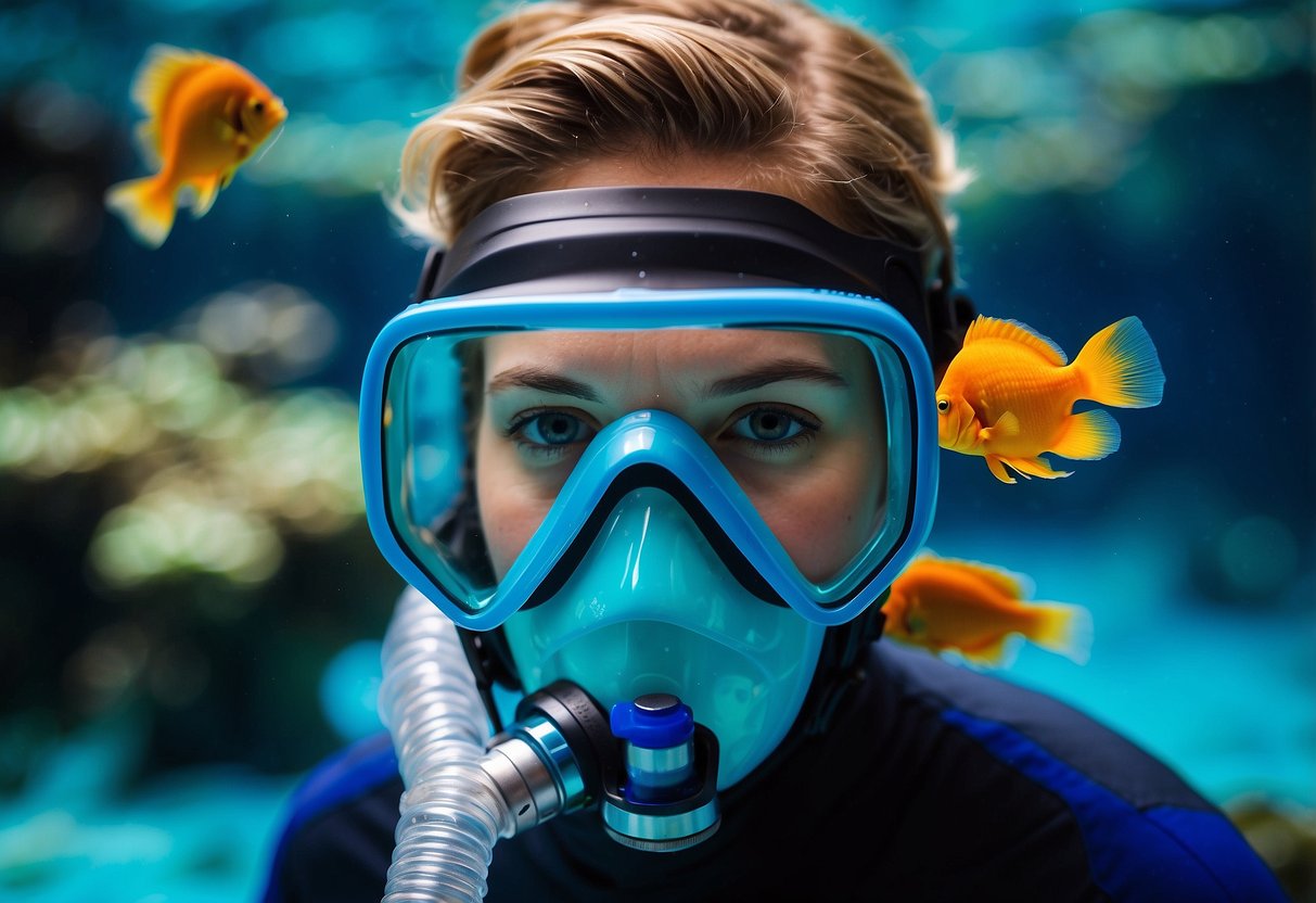 A full-face mask with snorkel, surrounded by vibrant coral and fish in clear blue water