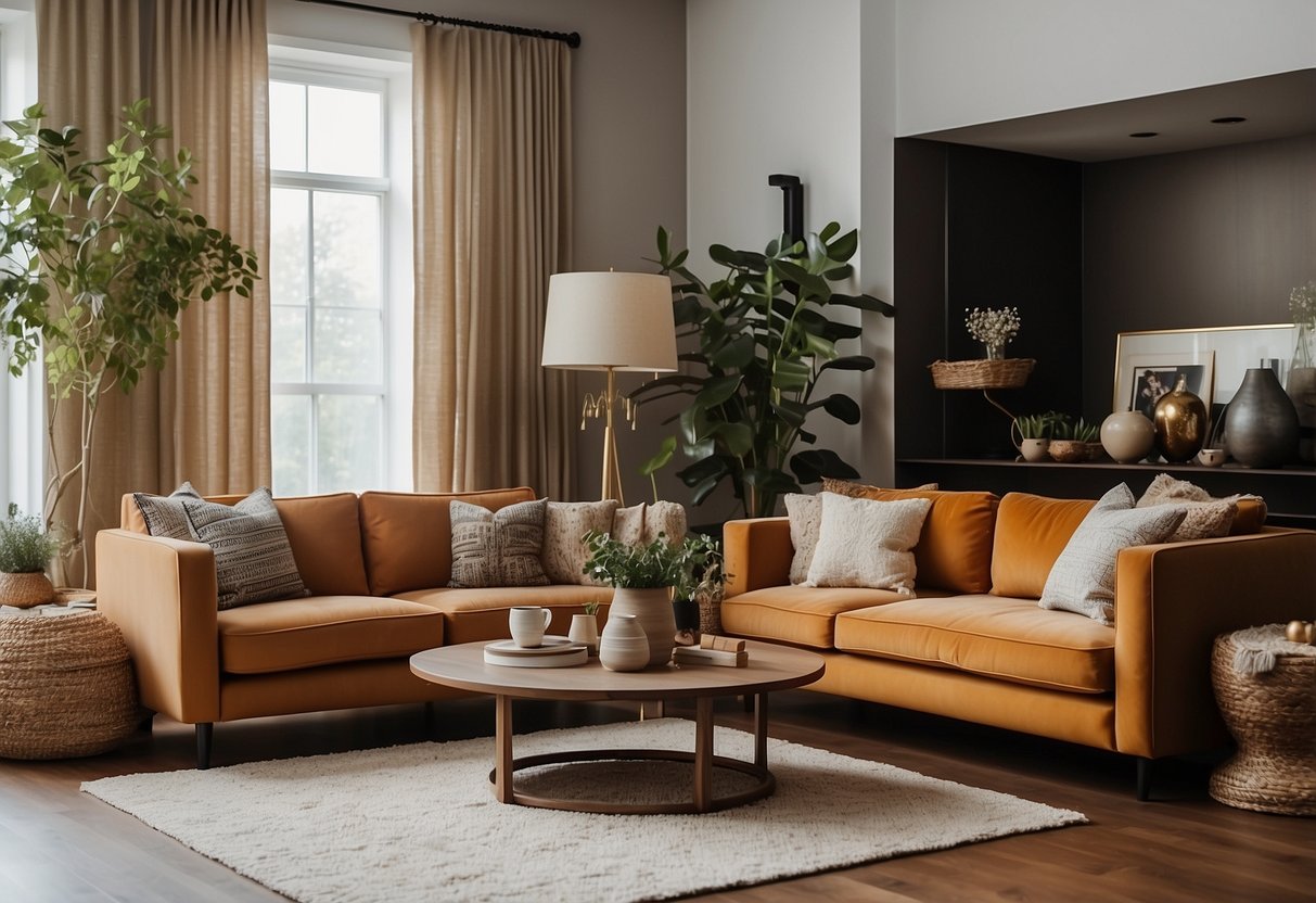 A cozy living room with a mix of modern and traditional furniture pieces, warm earthy tones, and classic patterns