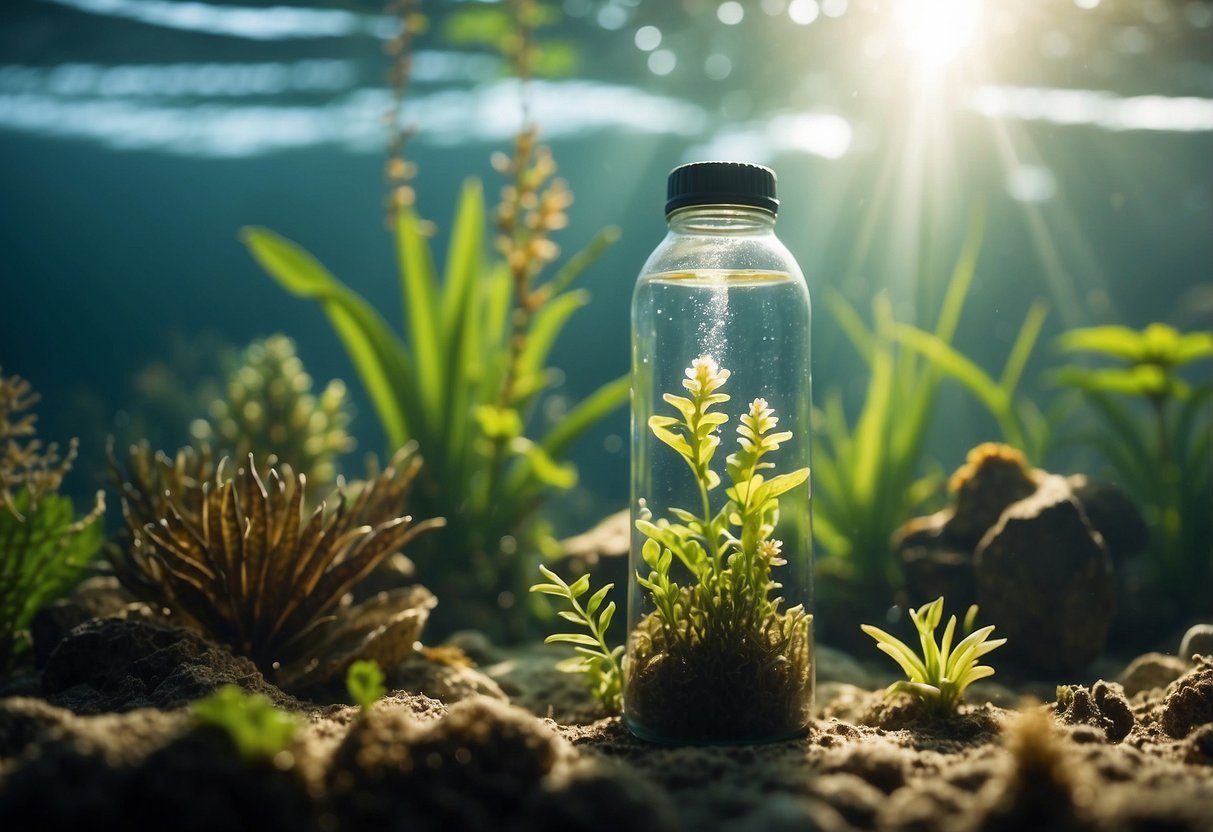 A clear underwater scene with various aquatic plants and animals, showing a water bottle floating in the background. Sunlight filters through the water, creating a serene and peaceful atmosphere