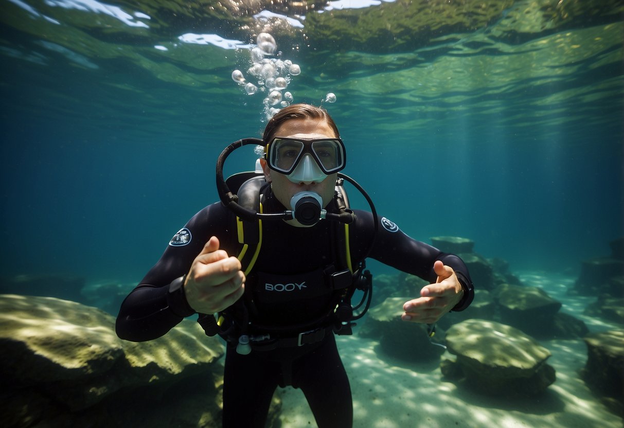 A diver uses hand signals to communicate underwater