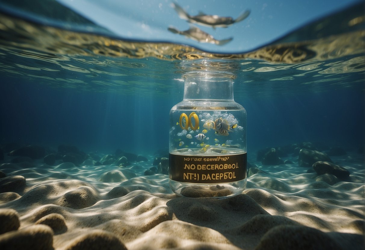 A clear underwater scene with a "no alcohol" sign and 7 health tips floating around