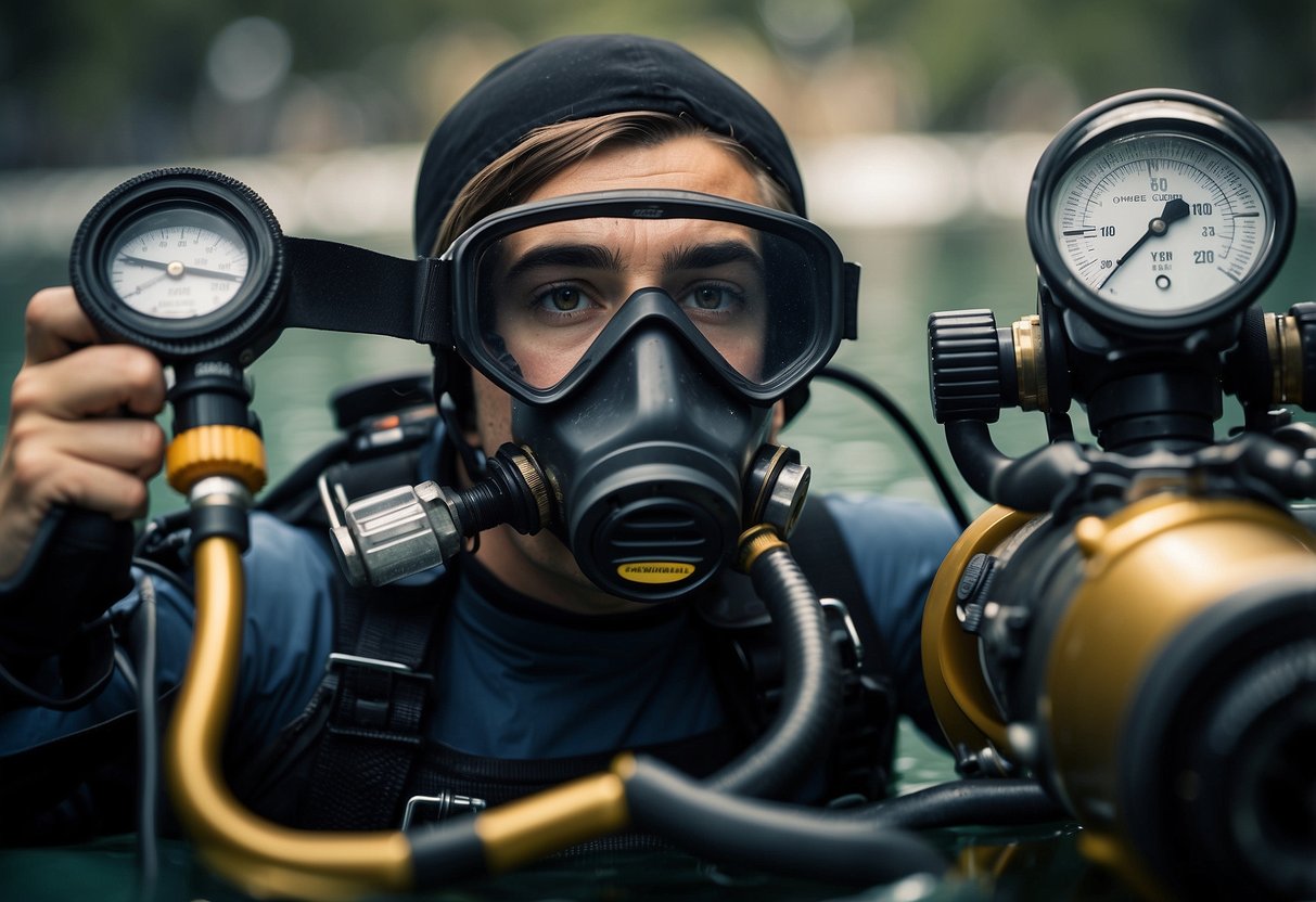 Inspecting underwater gear: goggles, fins, oxygen tank, pressure gauge, and regulator. A checklist in hand, a diver examines each item closely