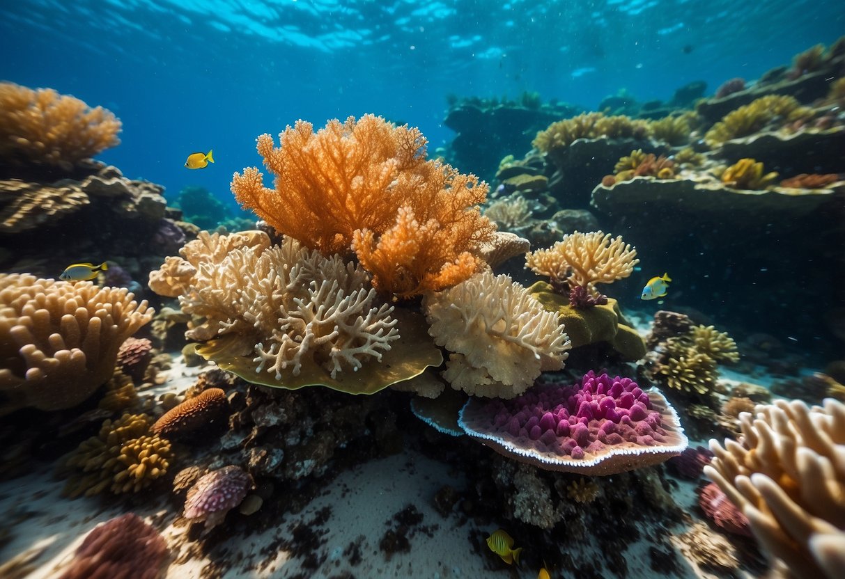 A vibrant coral reef teeming with life, surrounded by clear blue water. Various marine species coexist, while human-made pollutants threaten the delicate balance