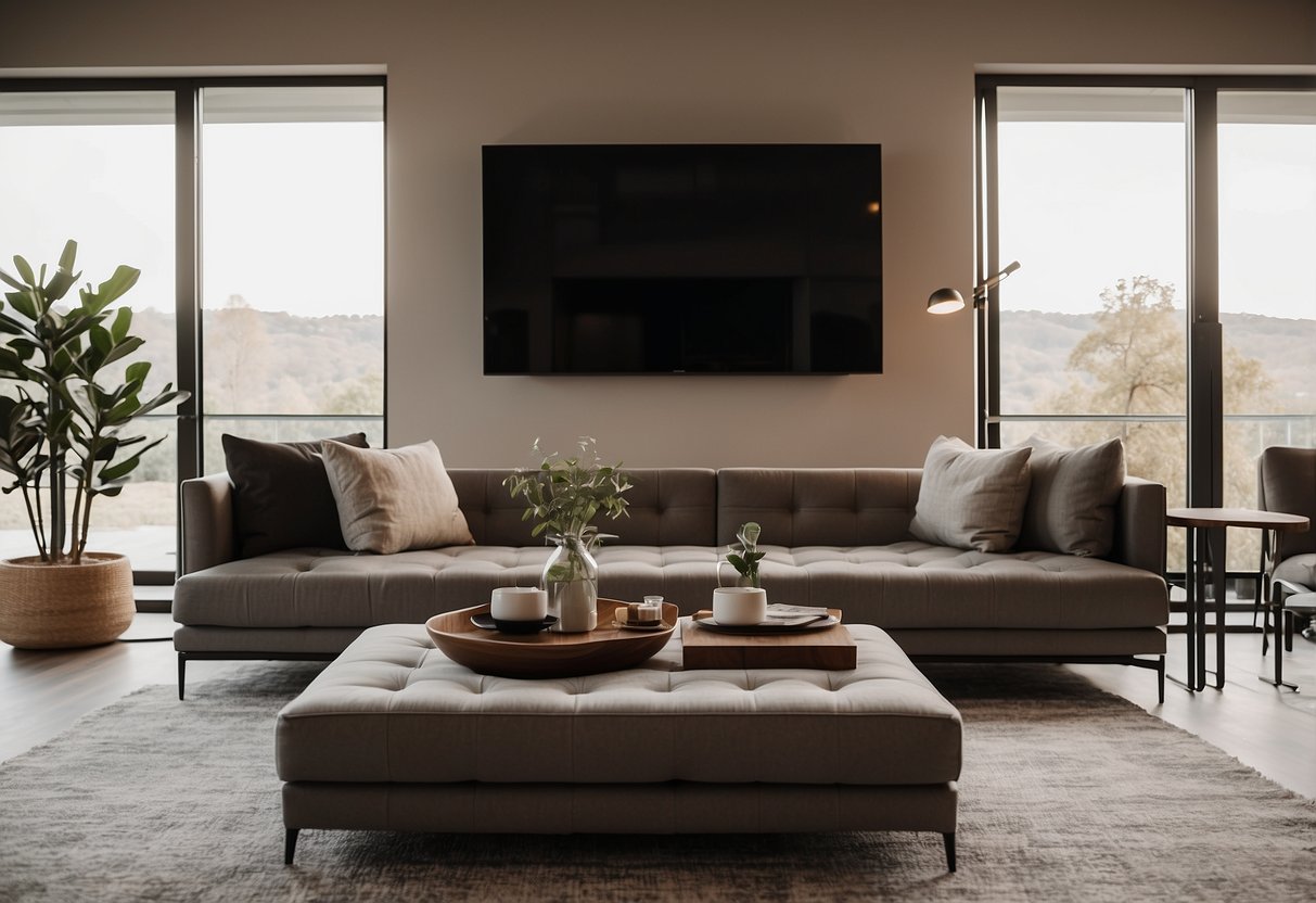 A modern living room with sleek furniture and decor, featuring a cozy sectional sofa, minimalist coffee table, and trendy accent chairs