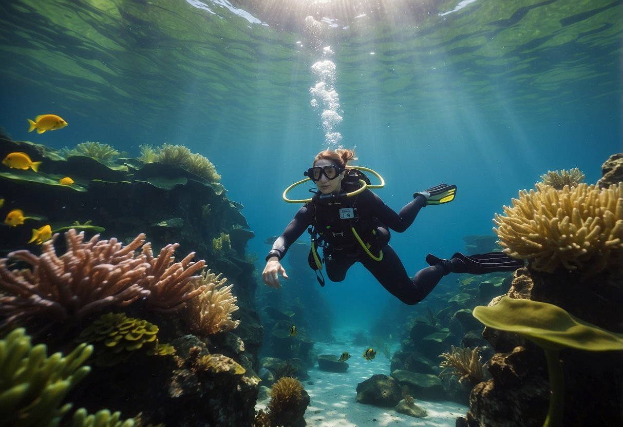 A serene underwater scene with vibrant aquatic plants and fish, a diver using resistance bands and weights, and a yoga mat on the ocean floor