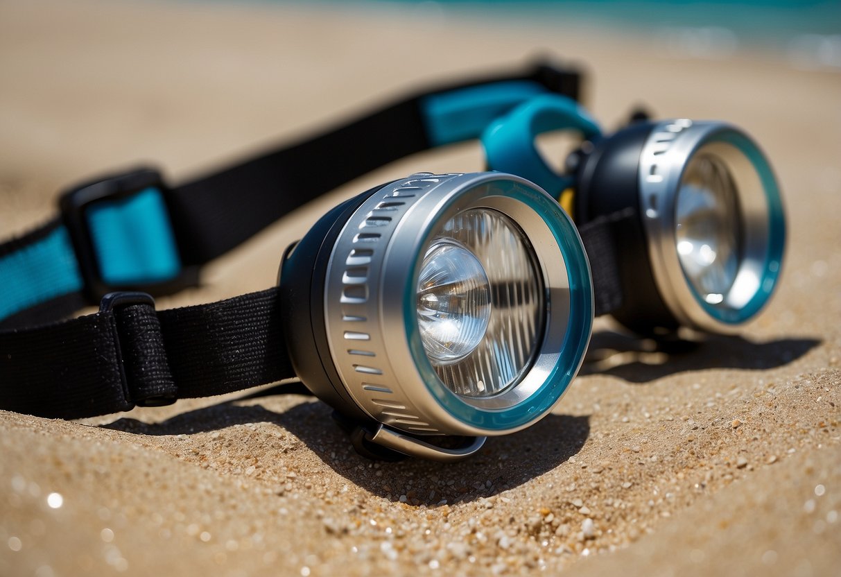 A group of five lightweight headlamps arranged on a sandy beach, with snorkeling gear and clear blue water in the background