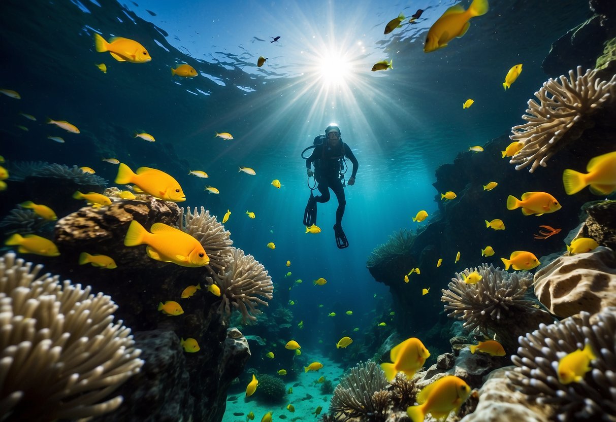 A snorkeler wearing a Petzl Tikka 5 headlamp explores a vibrant underwater world, illuminating colorful fish and coral