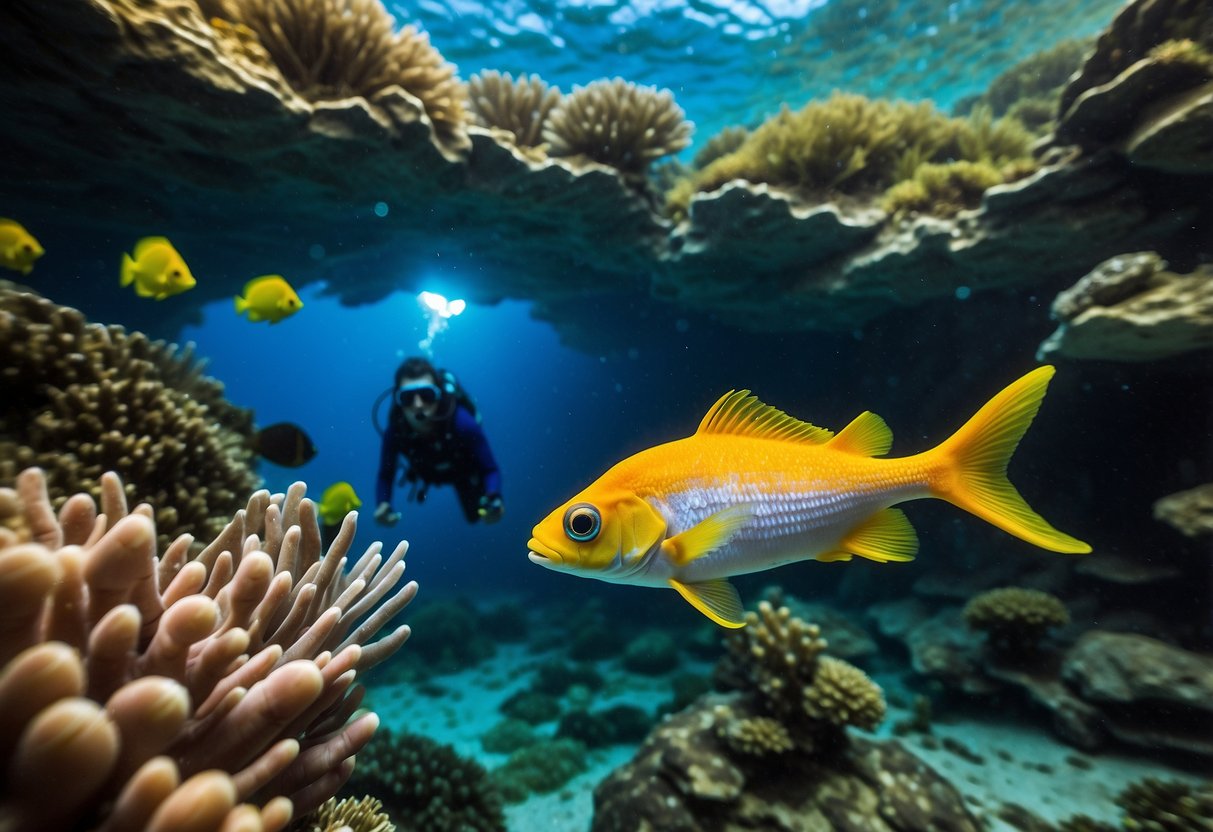 A snorkeler wearing a Princeton Tec Vizz 5 headlamp explores the underwater world, illuminating colorful fish and coral reefs