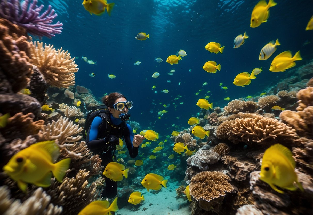 A snorkeler wearing a Fenix HL50 headlamp explores a vibrant coral reef at night, illuminating colorful fish and marine life