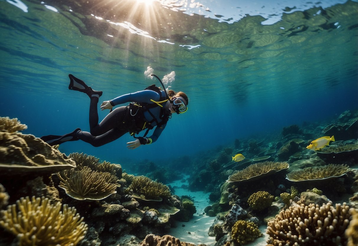 A snorkeler wearing a lightweight headlamp explores the underwater world, illuminating colorful marine life and coral reefs