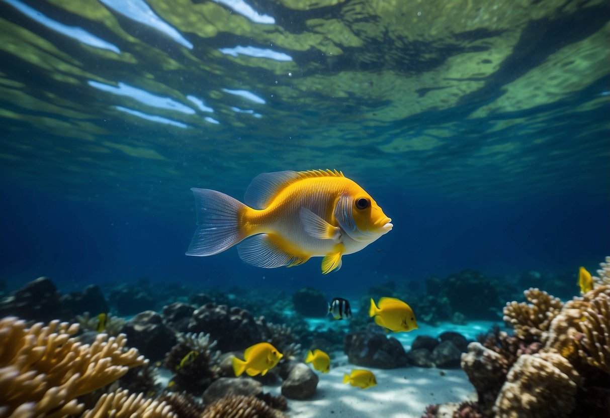 A clear underwater scene with colorful coral and fish, illuminated by a lightweight headlamp. The snorkeler's view is enhanced, and their hands are free to explore