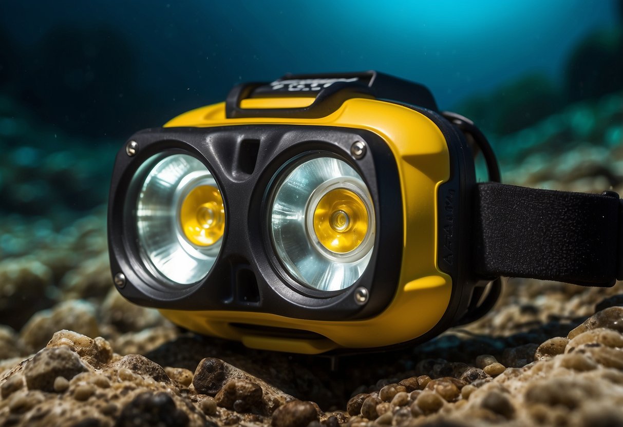 A snorkeling headlamp illuminates the underwater world, with adjustable straps and a lightweight design for comfortable wear. The waterproof casing protects the powerful LED light, making it perfect for exploring the ocean depths