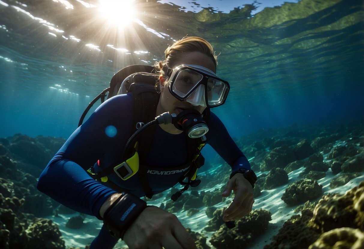 A snorkeler wearing a lightweight headlamp, illuminating the underwater world, adjusting the strap for a secure fit. The beam of light cutting through the clear water, revealing vibrant marine life