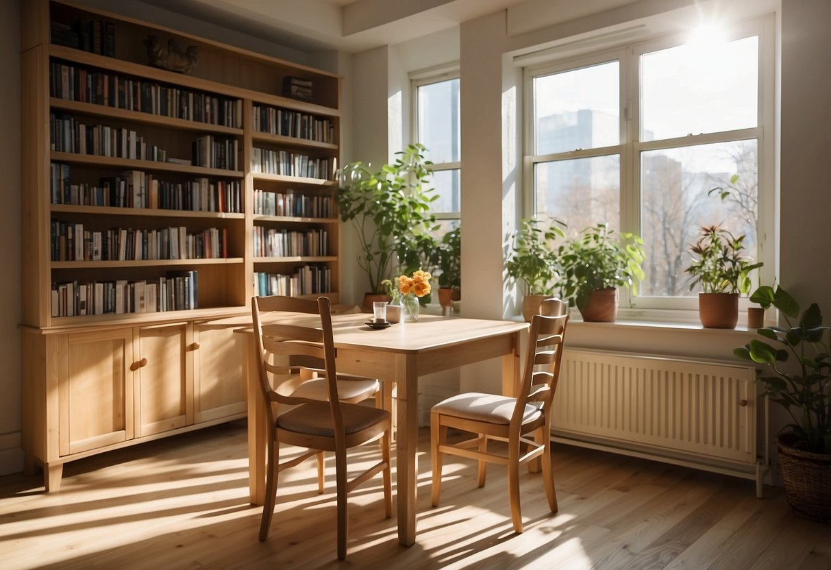 A bright room with light wood furniture, including a table, chairs, and bookshelves. Sunlight streams in through the windows, casting warm shadows on the floor