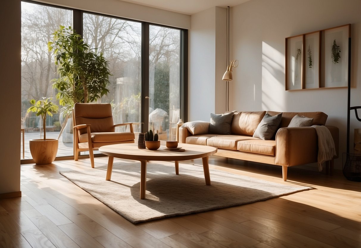 A sunlit room with light wood furniture, casting soft shadows on the floor. Natural light filters through the windows, illuminating the clean lines and warm tones of the furniture
