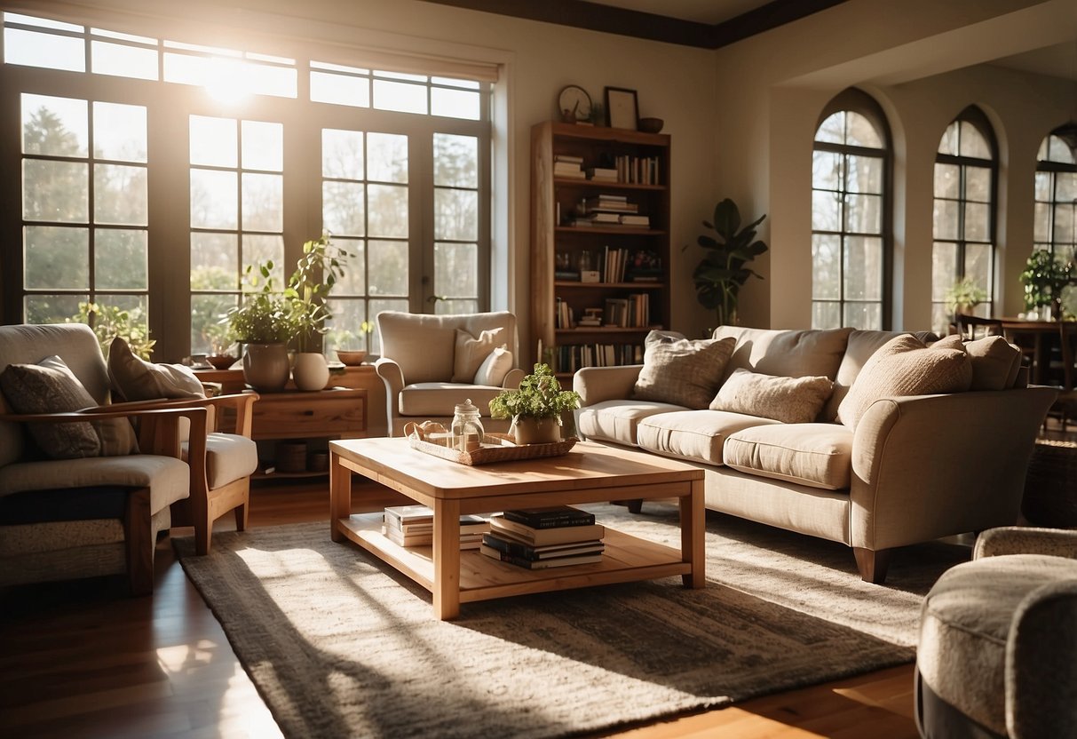 A cozy living room with light wood furniture, including a coffee table, bookshelf, and chairs. Sunlight streams in through large windows, casting warm, natural tones throughout the space
