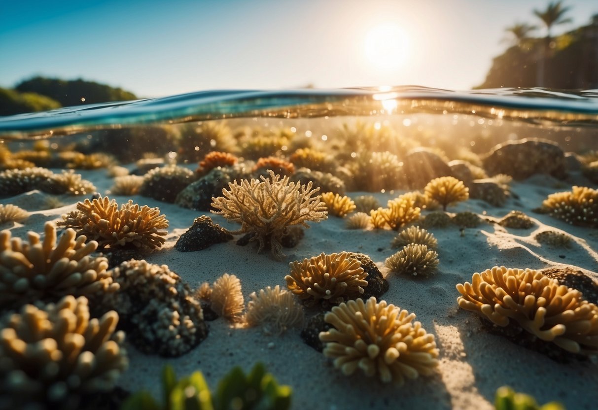 Crystal-clear waters reveal vibrant coral reefs teeming with colorful fish. The sun casts a warm glow on the white sandy beach. Lush greenery frames the idyllic scene