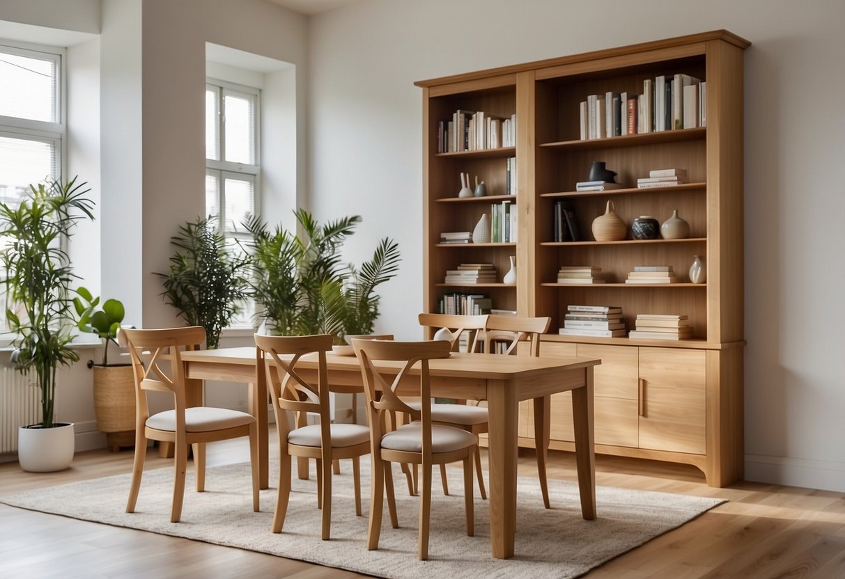 A bright room with light wood furniture, including a table, chairs, and bookshelves. The furniture is arranged neatly, with a few decorative items on display