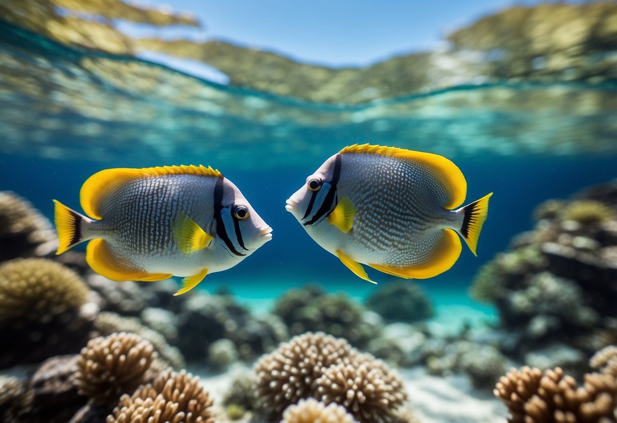 Crystal clear waters teeming with colorful fish and vibrant coral reefs, set against a backdrop of pristine beaches and clear blue skies