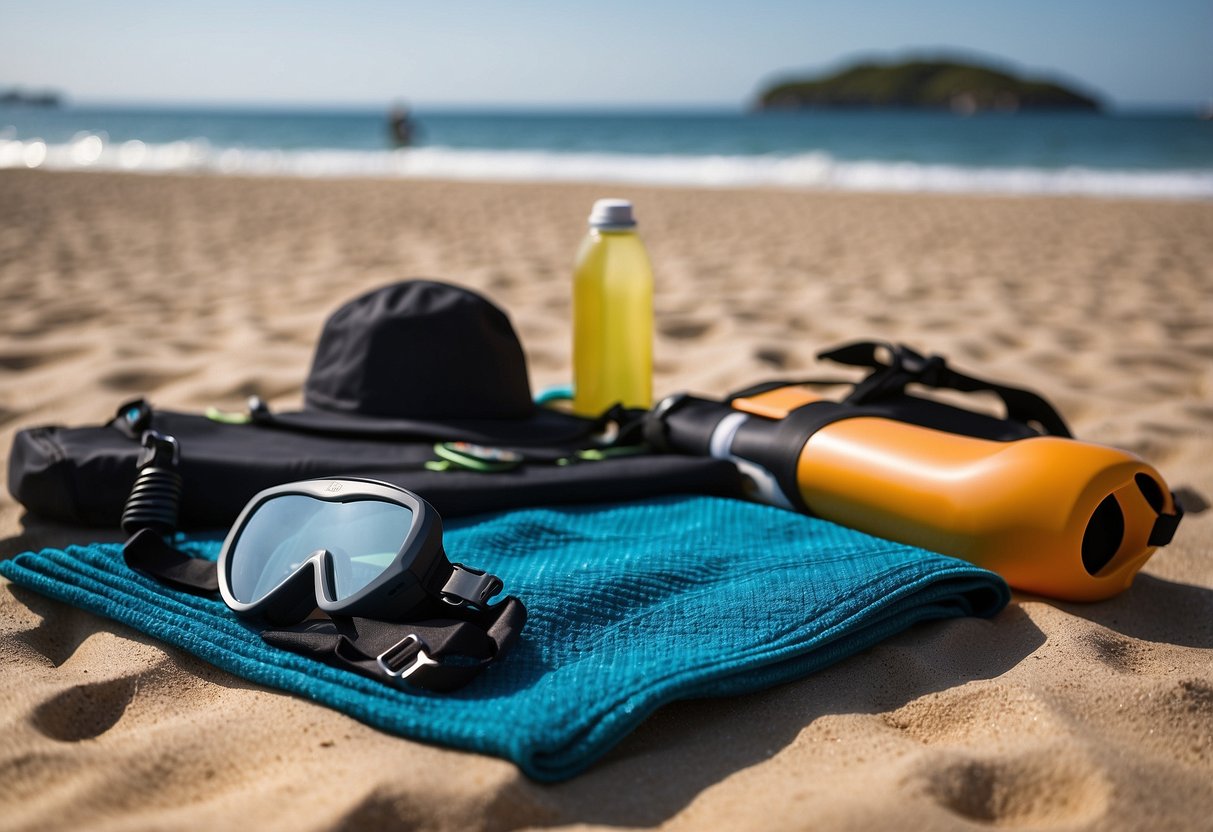 A snorkeling gear laid out on a beach towel: lightweight fins, compact mask and snorkel, quick-drying rash guard, foldable water bottle, microfiber towel, and small waterproof bag