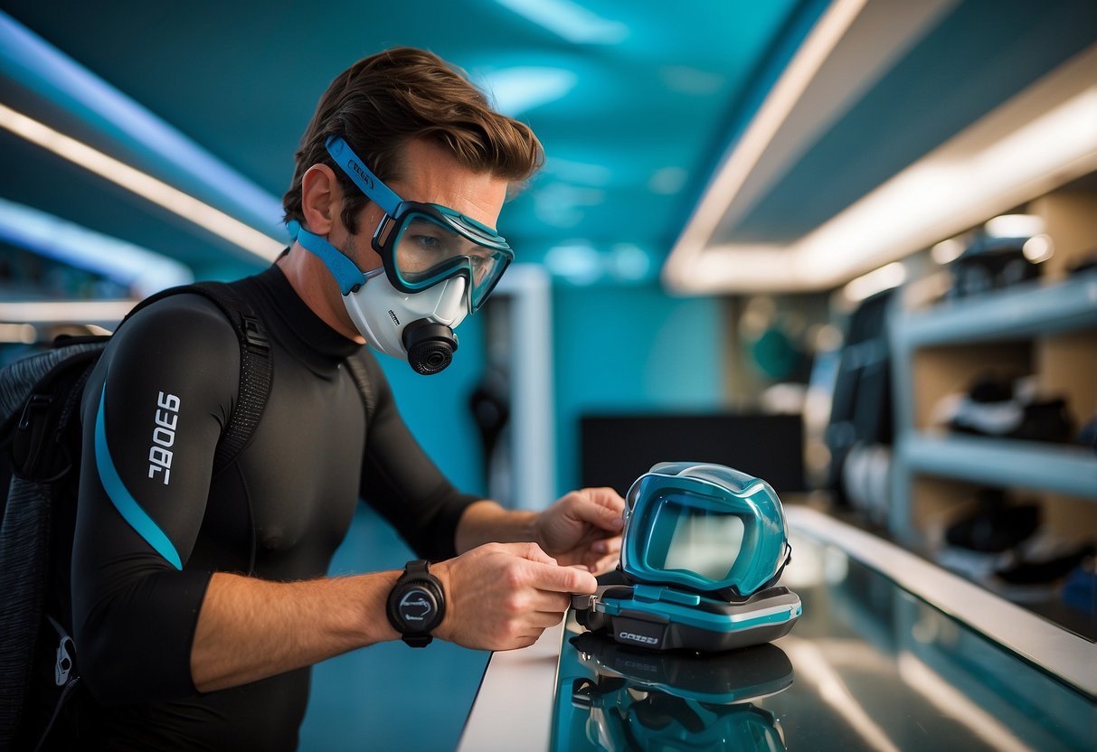 A snorkeler selects a Cressi F1 mask, packing light for their trip