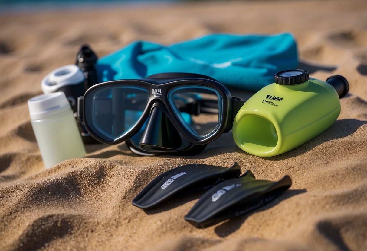 A compact snorkel, the TUSA SP0101, rests atop a beach towel with a pair of fins, sunscreen, and a water bottle nearby