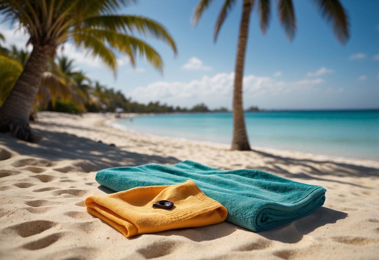 A colorful quick-dry towel lays neatly folded next to snorkeling gear on a sandy beach, surrounded by palm trees and crystal-clear water