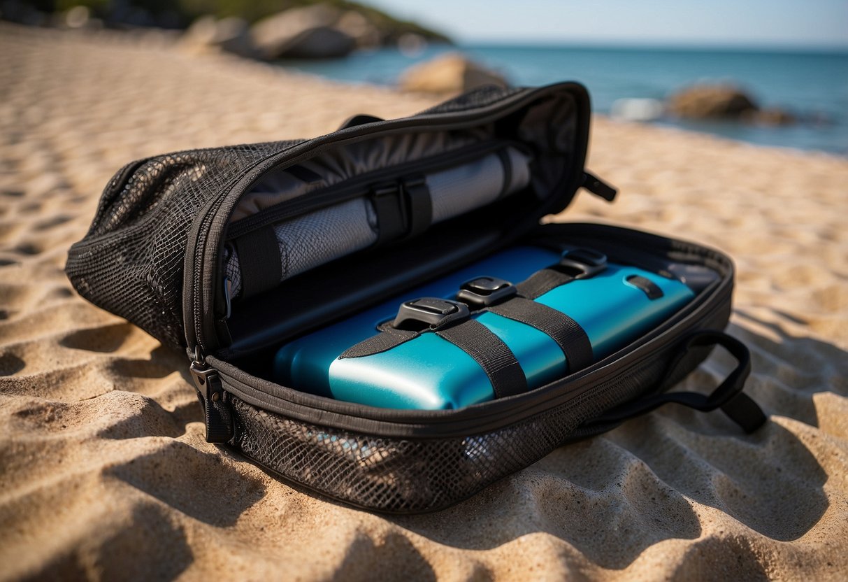 A mesh gear bag sits open, ready to be filled with snorkeling equipment