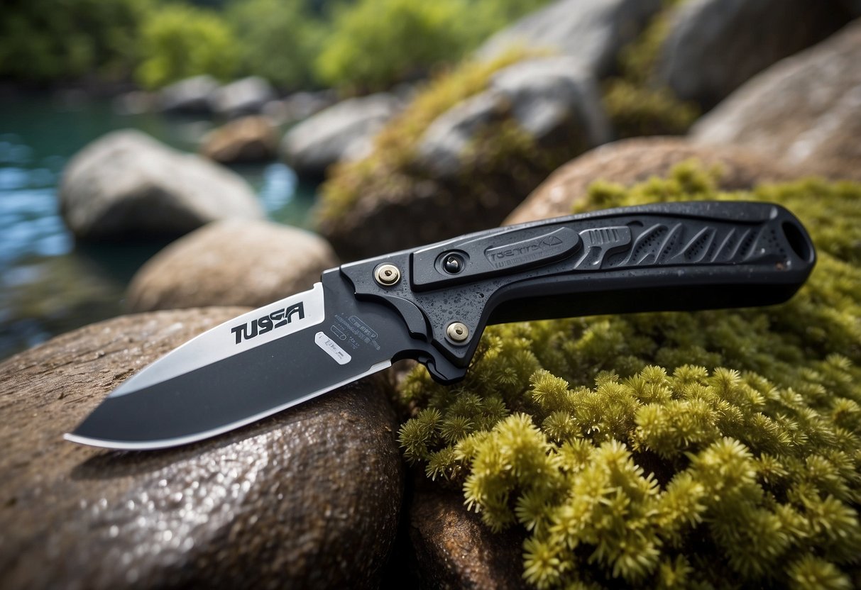 A Tusa Imprex II dive knife cuts through gear, reducing pack weight for snorkeling trips