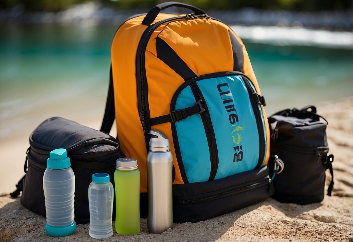 A snorkeler's backpack with lightweight gear, including a compact mask, snorkel, and fins. A small dry bag for essentials. A reusable water bottle and lightweight snacks. A compact, quick-dry towel