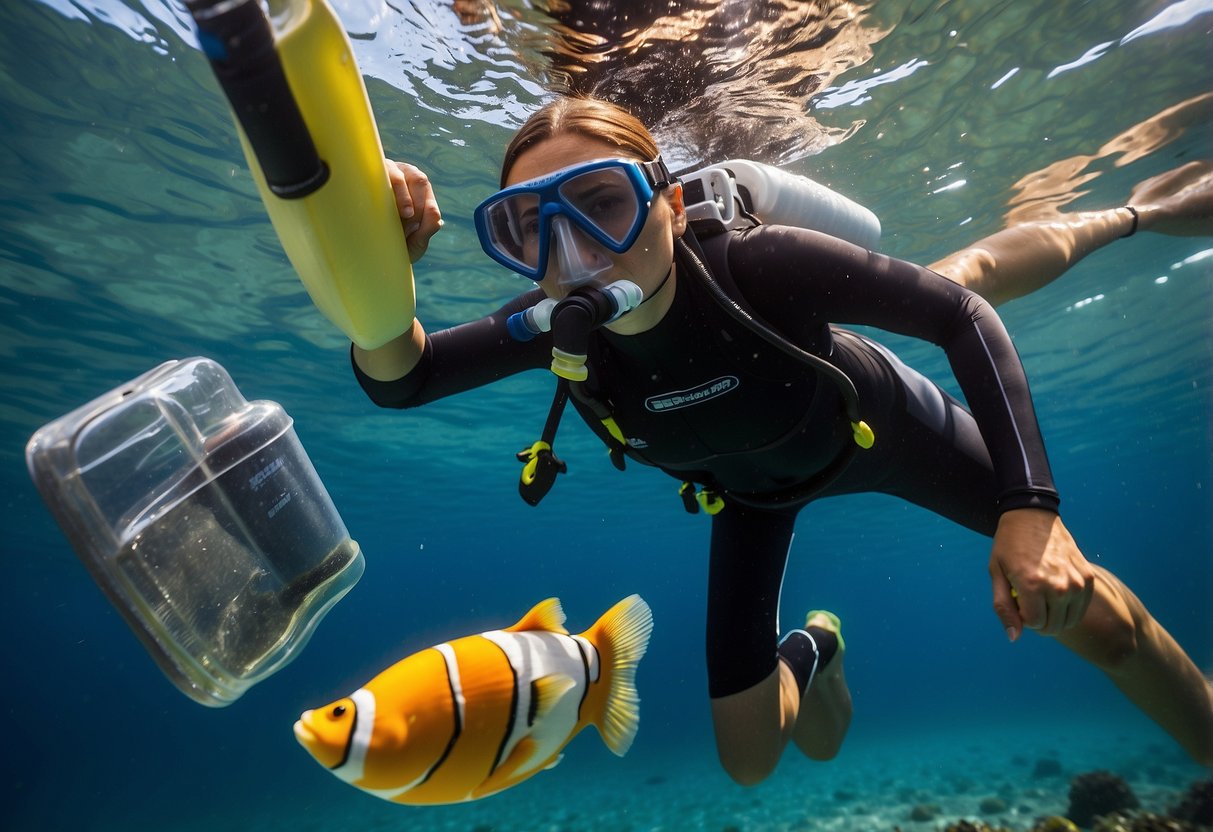 A snorkeler carefully selects lightweight gear, including a compact mask, snorkel, and fins. They pack a thin, quick-drying towel, sunscreen, and a reusable water bottle