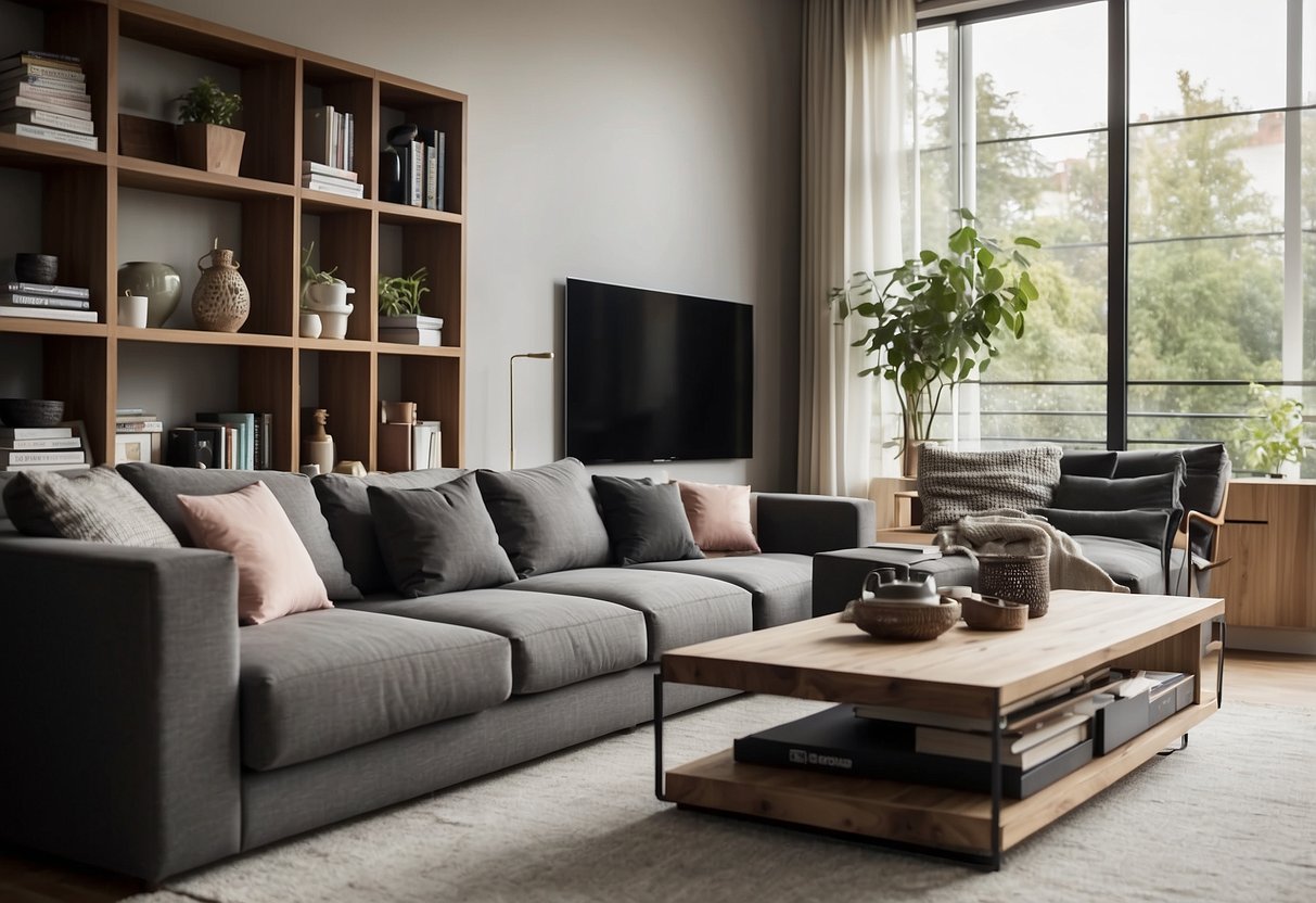 A sofa, coffee table, and bookshelf are neatly arranged in the living room. The TV stand is positioned opposite the sofa, creating a cozy and organized space