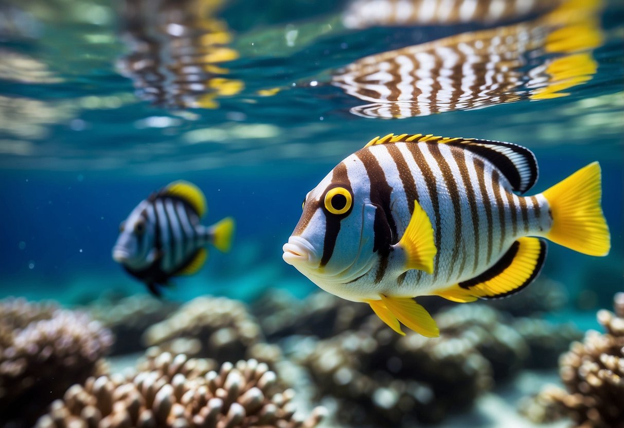 Crystal-clear ocean water with colorful fish and coral. Five insulated coolers float on the surface, ready for snorkelers to grab and explore