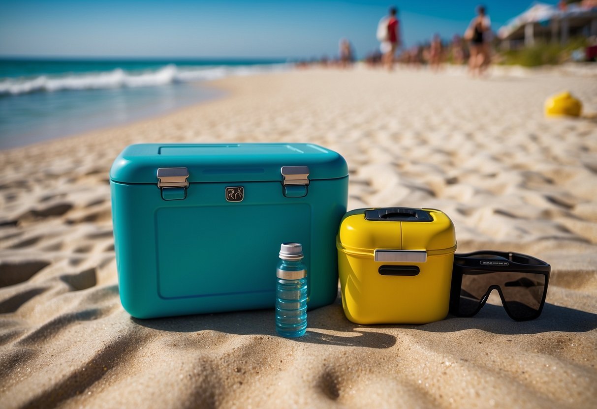 A bright, sunny beach scene with crystal-clear waters and colorful snorkeling gear next to the RTIC Ultra-Light Cooler