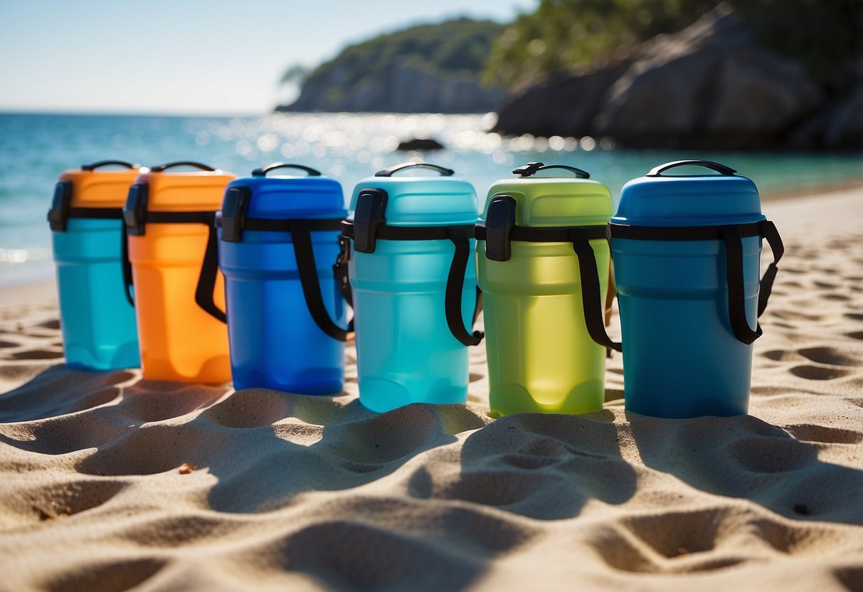 A beach scene with snorkeling coolers lined up on the sand, surrounded by clear blue water and colorful marine life