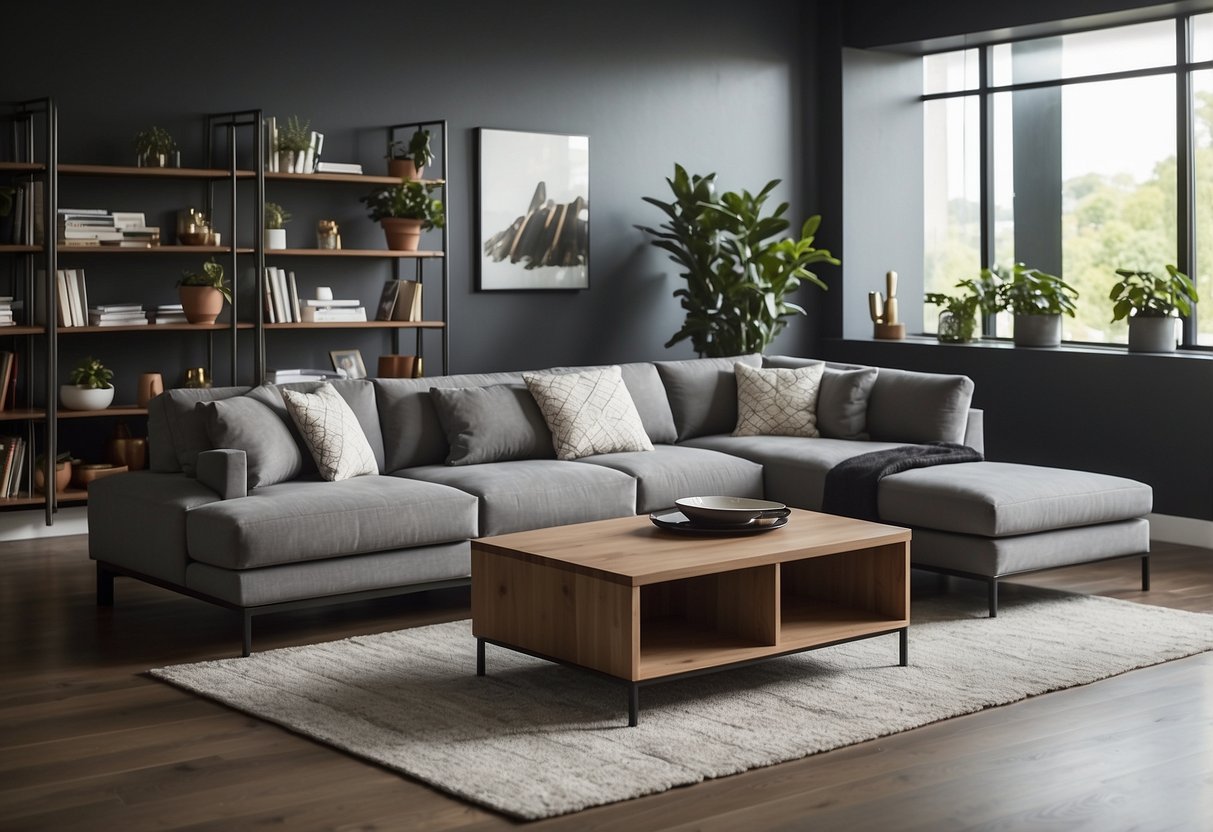 A sofa, coffee table, bookshelf, and TV stand arranged in a neat and organized living room