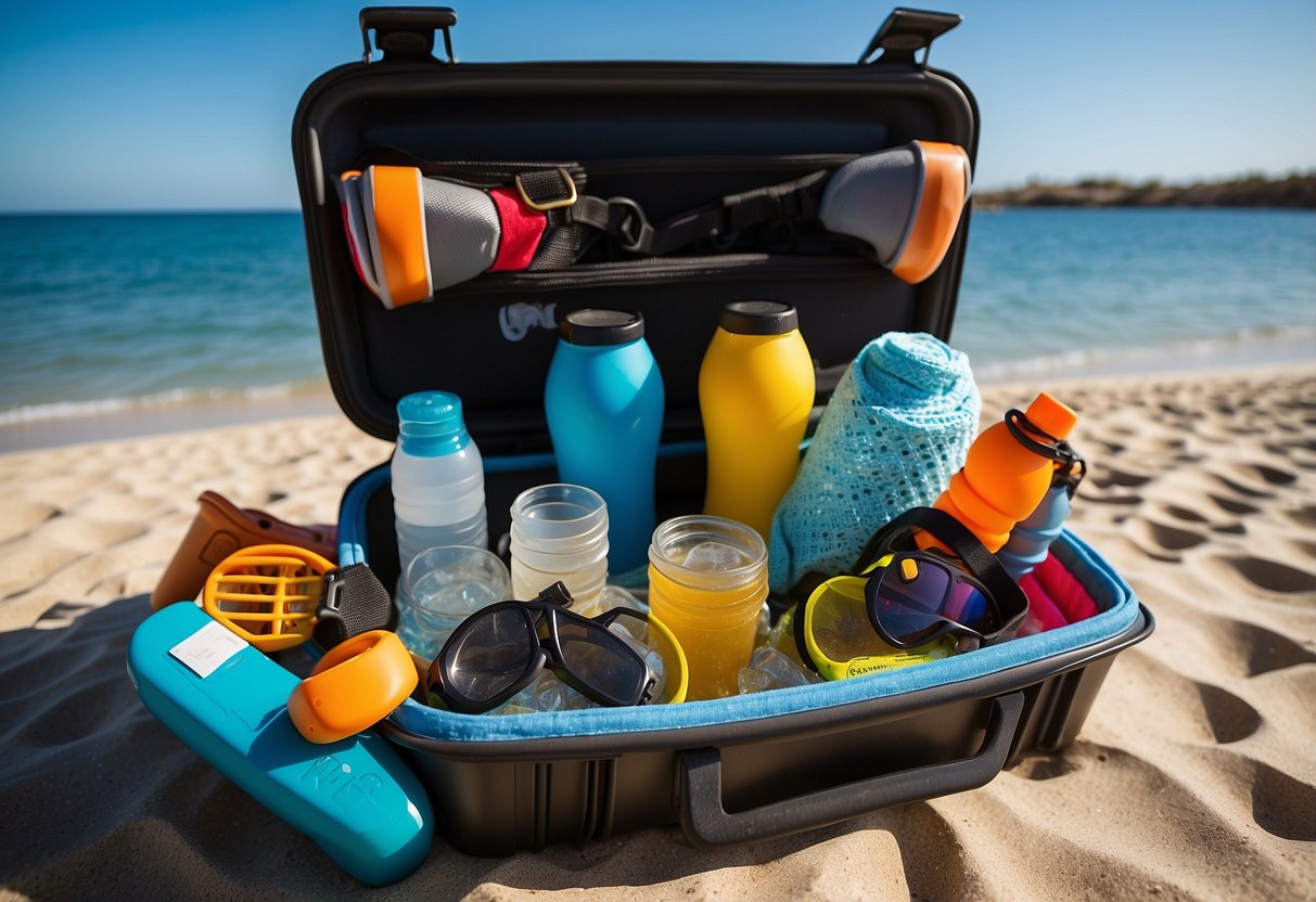 A snorkeling cooler surrounded by snorkeling gear like fins, masks, and snorkels. Beach towels and sunscreen are nearby. The cooler is open, revealing drinks and snacks inside