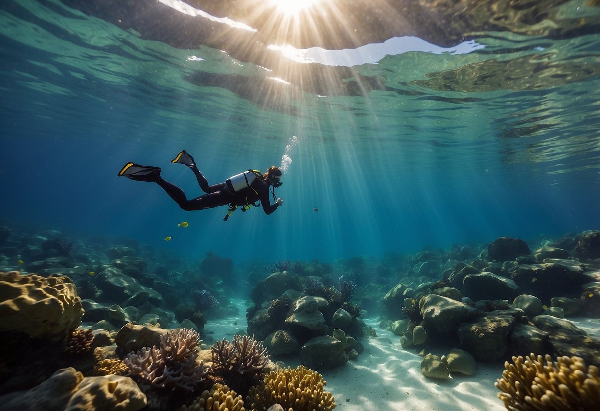 Clear blue water with colorful coral and fish. A person snorkeling with fins and a mask. Sunlight shining through the water