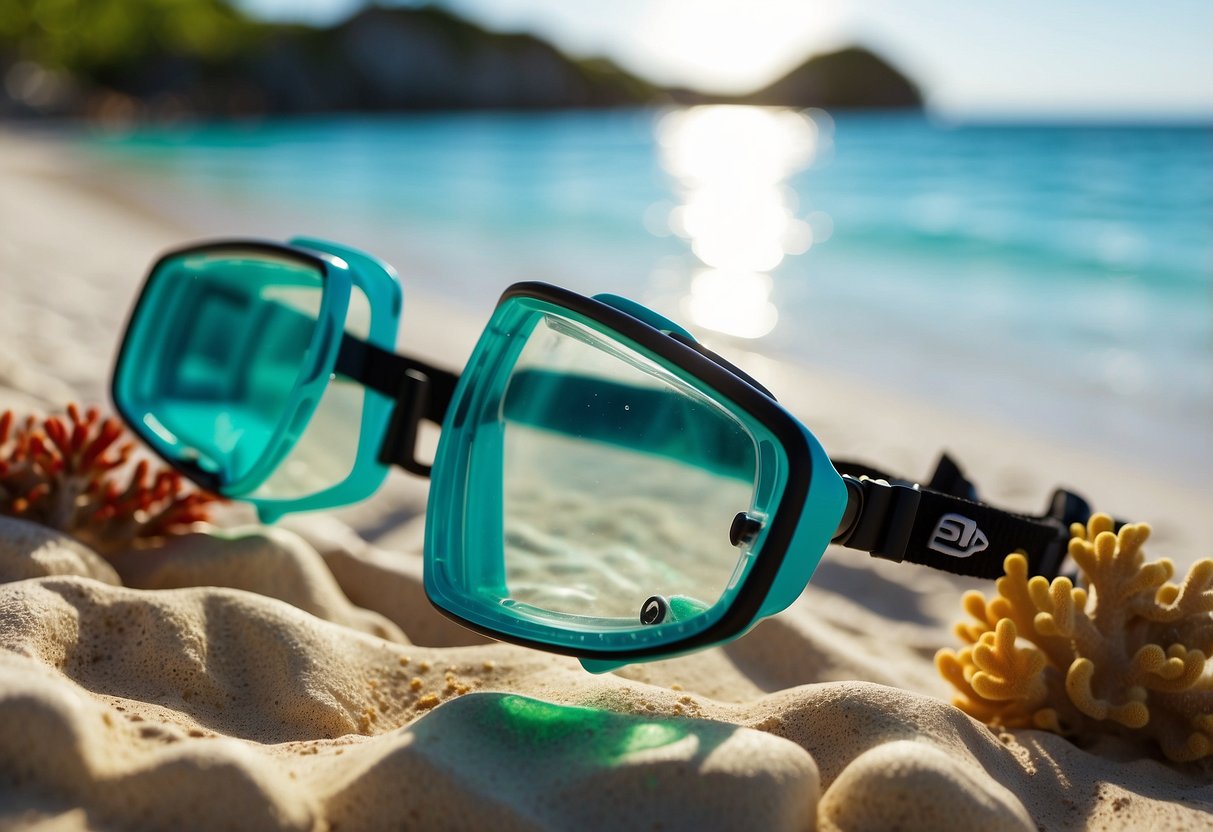 A snorkel set lies on a sandy beach next to clear turquoise waters, surrounded by colorful fish and vibrant coral reefs. The sun shines brightly overhead, casting a warm glow on the scene