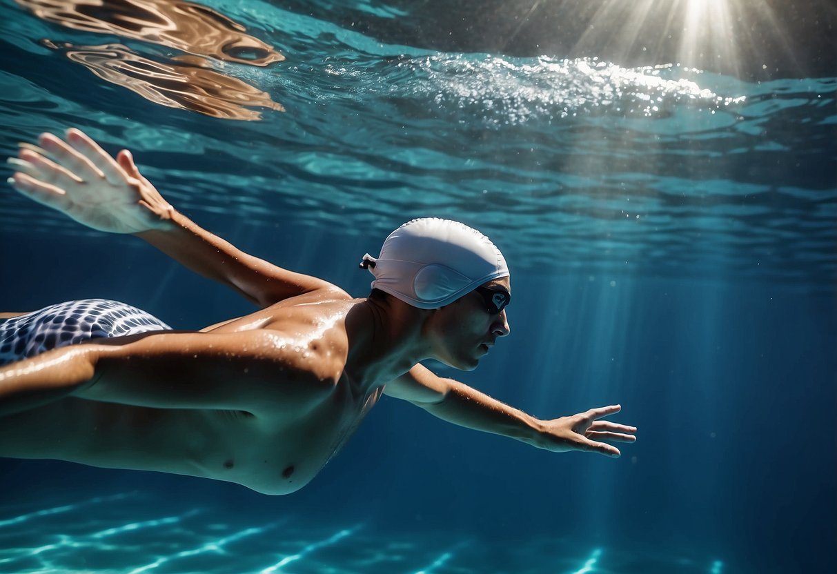 A swimmer glides through clear blue water, practicing breathing techniques and perfecting their strokes. The pool is calm and serene, with sunlight dancing on the surface