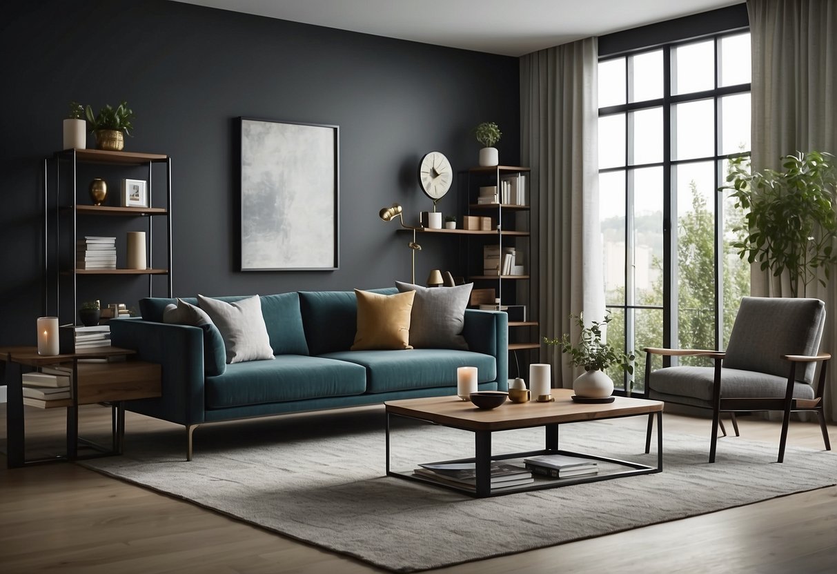 A modern, sleek living room with stylish and functional furniture neatly organized to maximize space and aesthetics