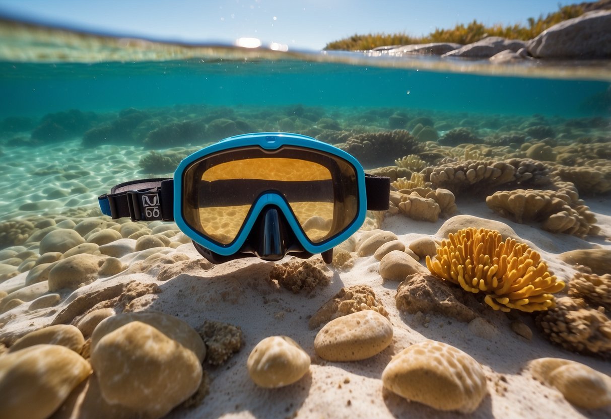 Crystal-clear water, colorful coral, and a snorkel gear laid out on a sandy beach with a guide demonstrating proper breathing techniques