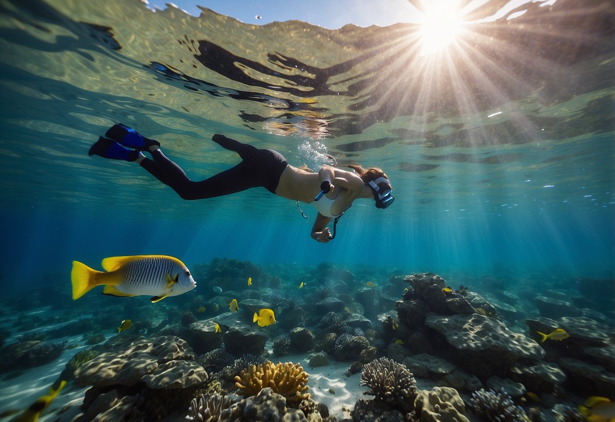 A person snorkeling in clear blue water, surrounded by colorful fish and coral. The individual is swimming effortlessly, displaying good cardiovascular fitness. The water is calm and inviting, with sunlight streaming through the surface