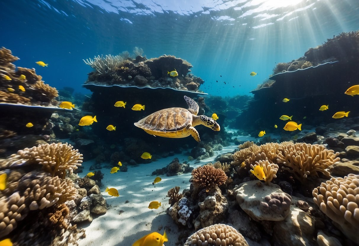 Vibrant coral reefs teeming with colorful fish, sea turtles gliding gracefully, and crystal-clear waters revealing a diverse array of marine life