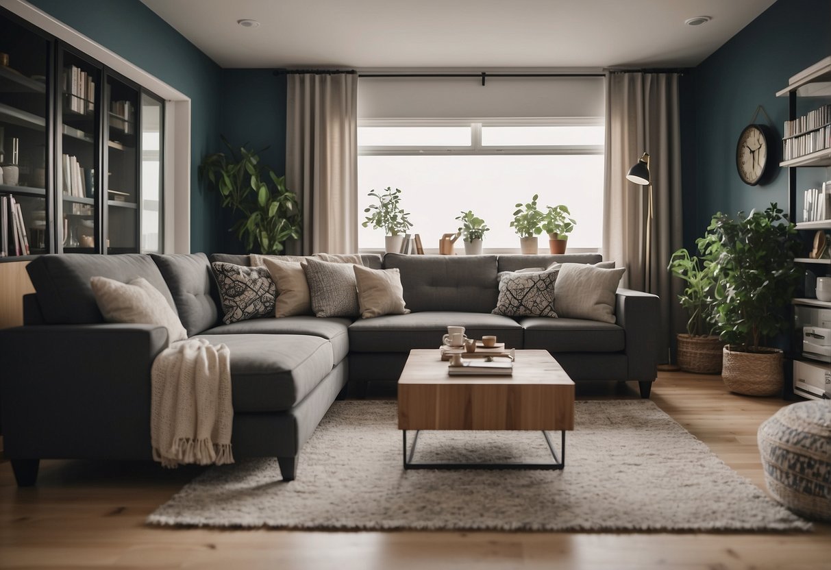 A tidy living room with neatly arranged furniture and labeled storage bins for Frequently Asked Questions materials