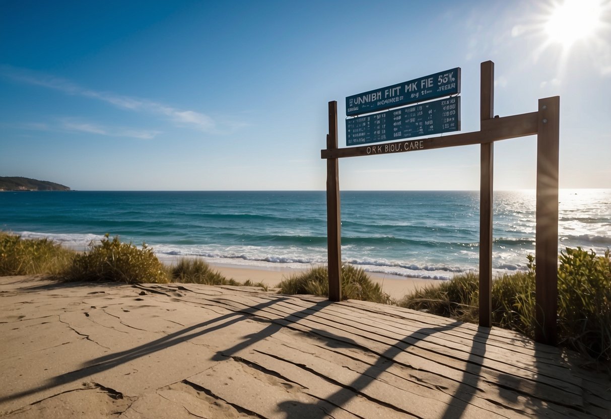 The sun shines brightly over a calm ocean, with clear blue skies and gentle waves. A tide chart and weather forecast are displayed nearby