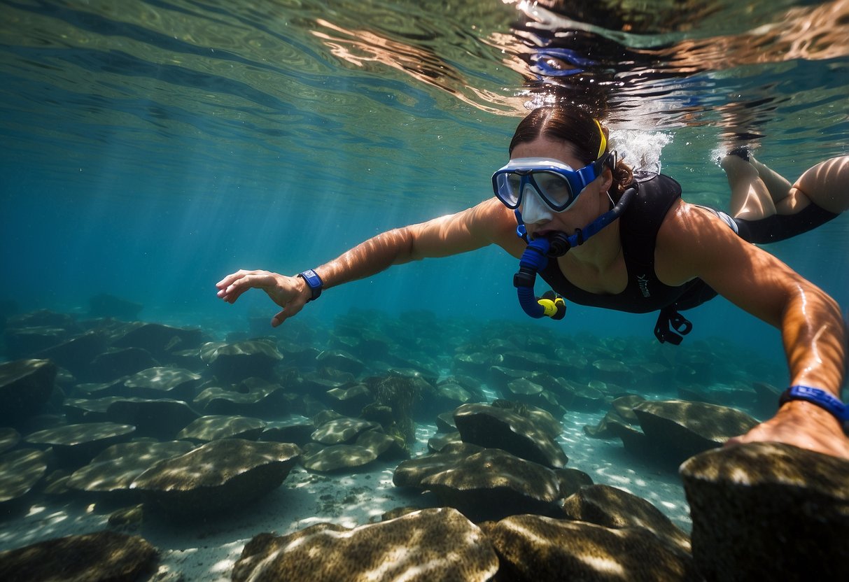 A person gathers snorkeling gear, practices swimming, and strengthens core muscles through exercises like planks and leg lifts. They also work on breath control and practice using snorkel equipment